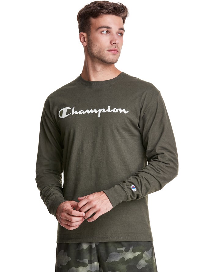 Champion T-Shirt Heren - Olijfgroen - Classic Long-Sleeve Script Logo ( 096217-RXO )